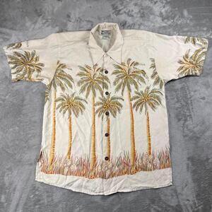 Vintage Avanti Hawaiian Shirt Mens Medium Cream Palm Tree 100% Silk Button Up